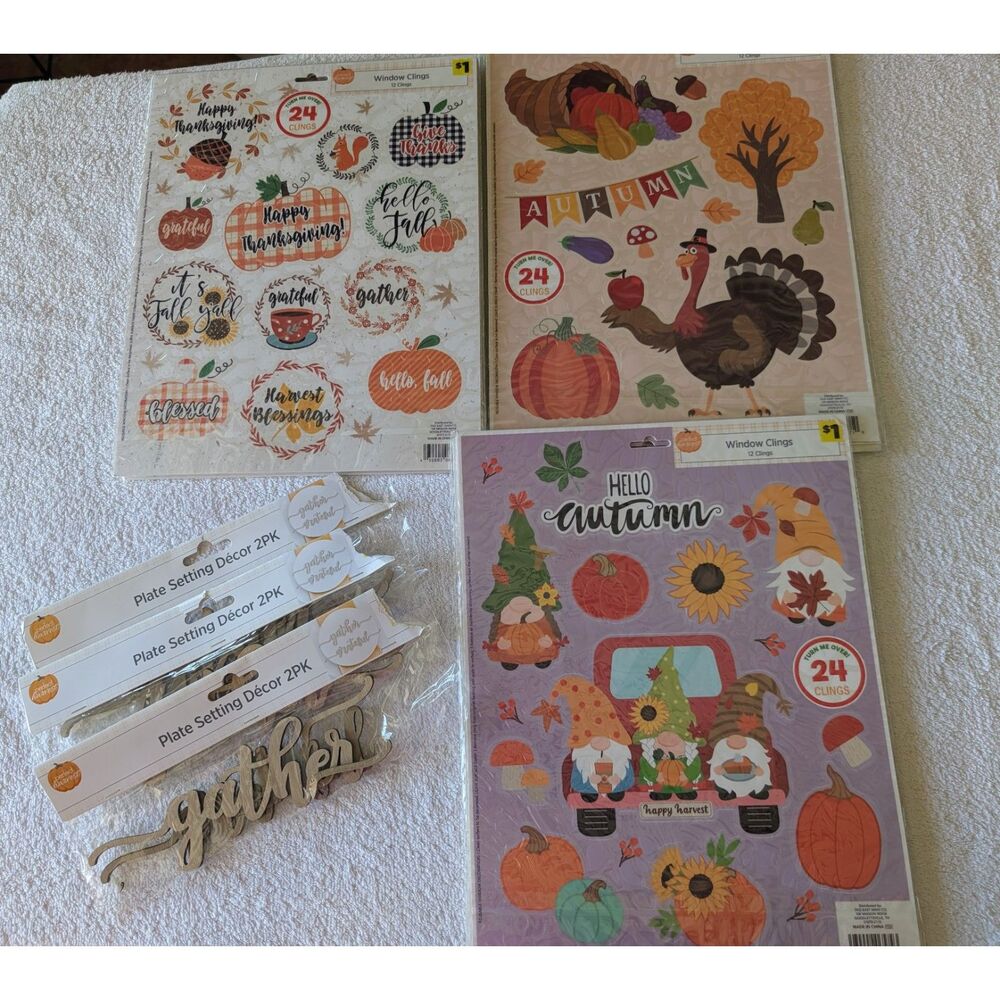 Harvest Fall Thanksgiving Window Clings Plate Decor Bundle NWT Autumn